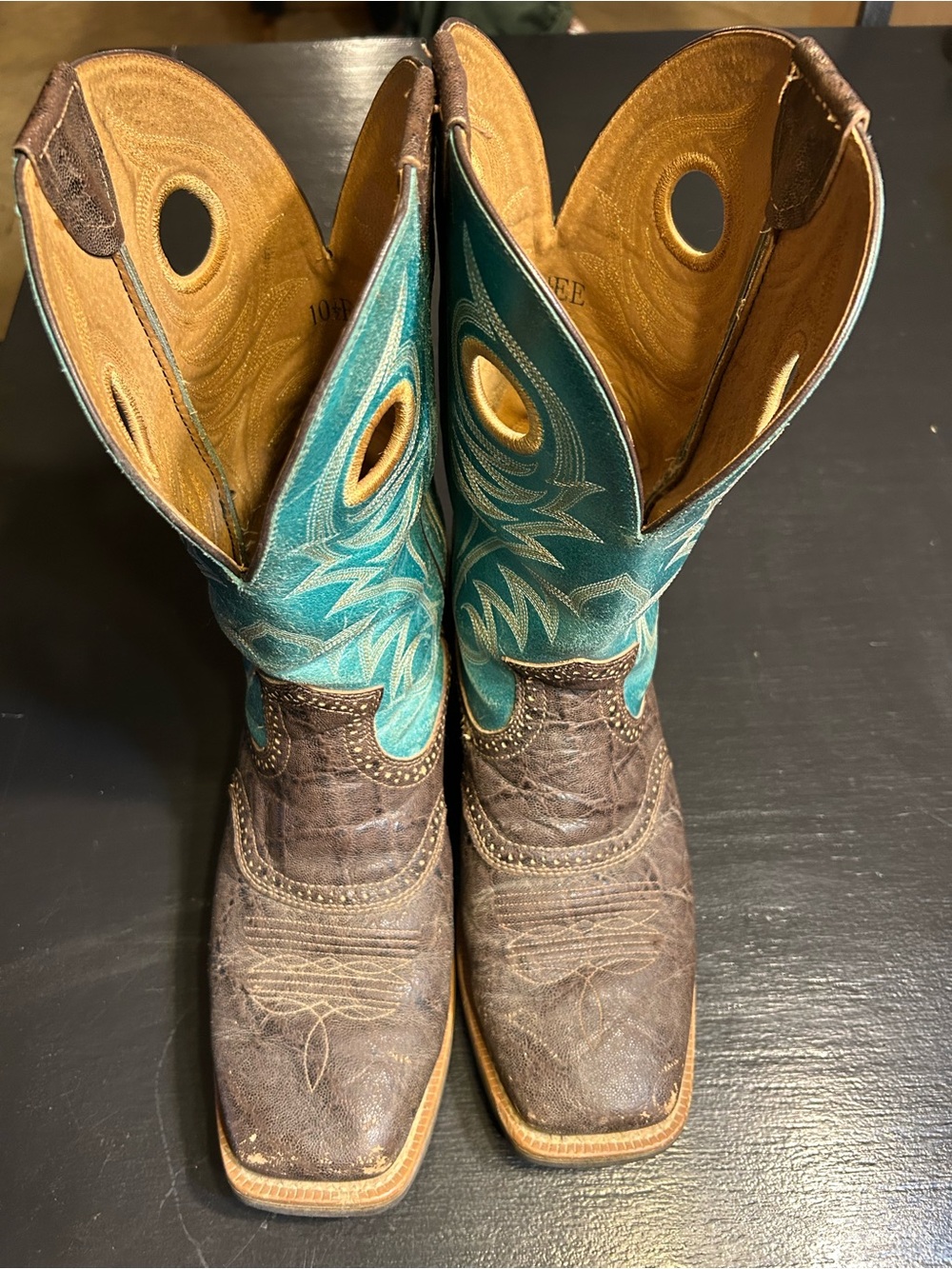 Ariat Brown Foot with Turquoise Embroidered Shaft Cowboy Boots